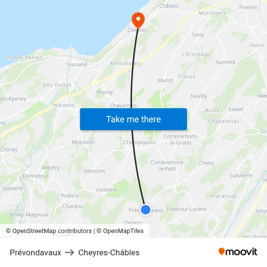 Prévondavaux to Cheyres-Châbles map