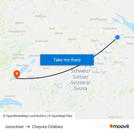 Jonschwil to Cheyres-Châbles map
