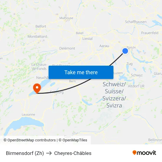 Birmensdorf (Zh) to Cheyres-Châbles map