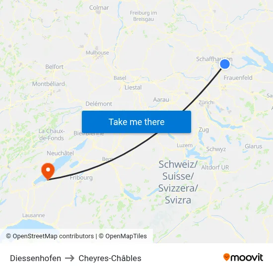 Diessenhofen to Cheyres-Châbles map