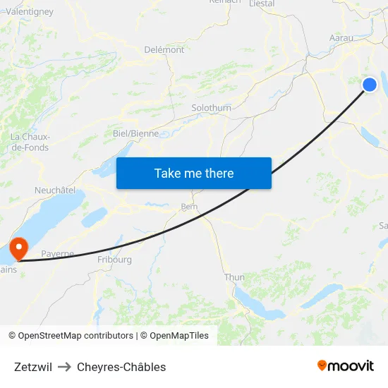Zetzwil to Cheyres-Châbles map