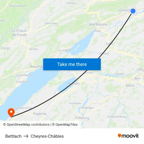 Bettlach to Cheyres-Châbles map