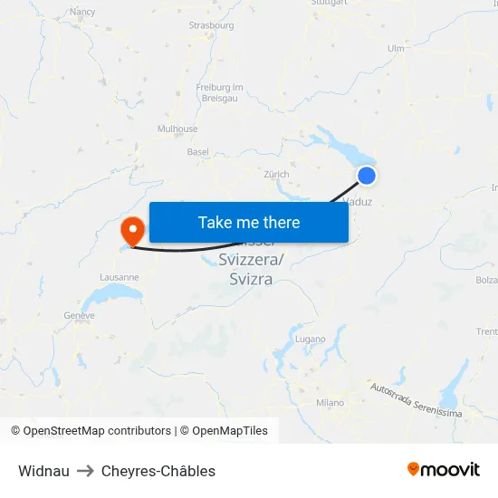 Widnau to Cheyres-Châbles map