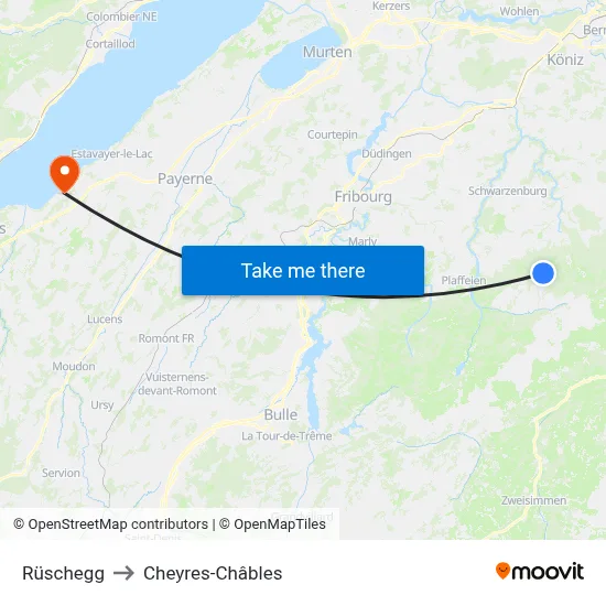 Rüschegg to Cheyres-Châbles map