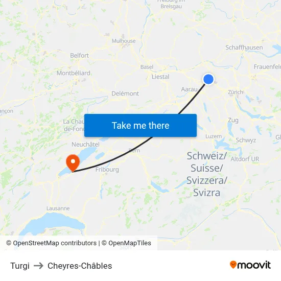 Turgi to Cheyres-Châbles map
