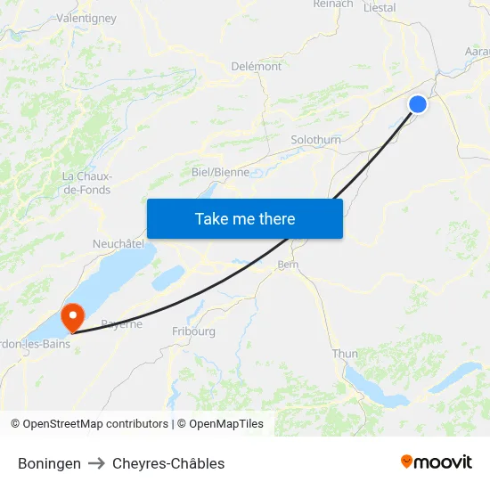 Boningen to Cheyres-Châbles map