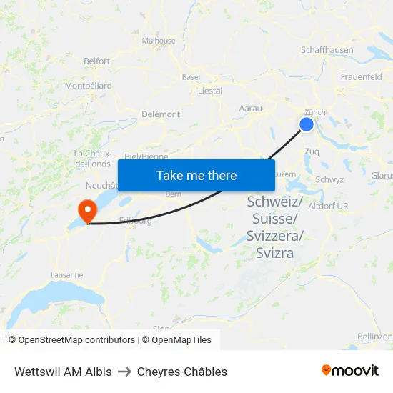 Wettswil AM Albis to Cheyres-Châbles map