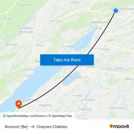 Romont (Be) to Cheyres-Châbles map
