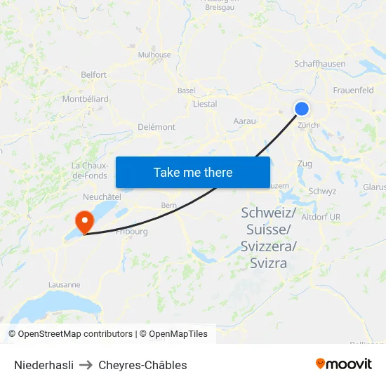 Niederhasli to Cheyres-Châbles map