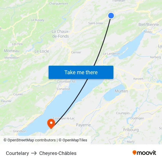 Courtelary to Cheyres-Châbles map