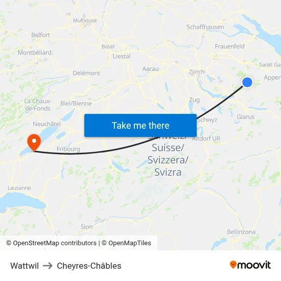 Wattwil to Cheyres-Châbles map