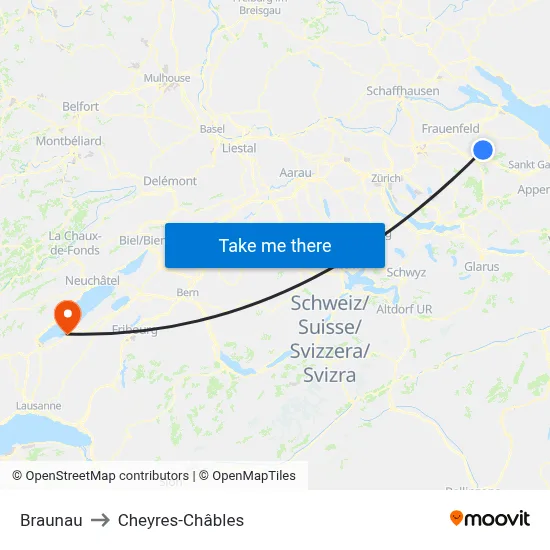 Braunau to Cheyres-Châbles map