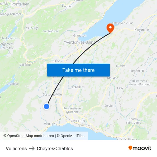 Vullierens to Cheyres-Châbles map
