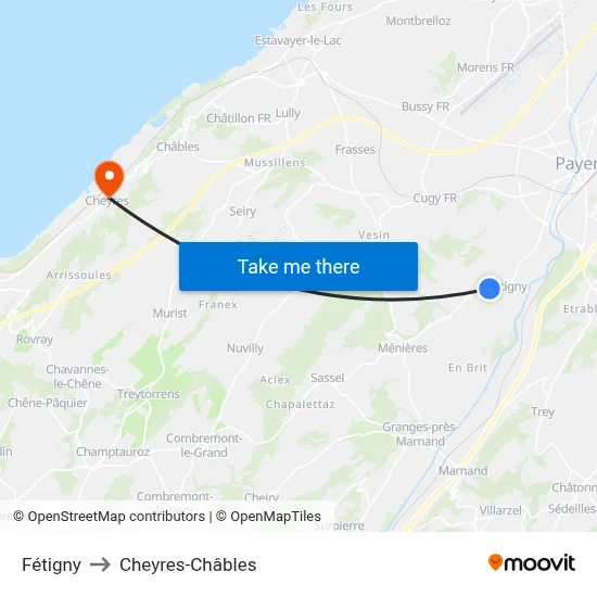 Fétigny to Cheyres-Châbles map