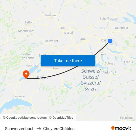Schwerzenbach to Cheyres-Châbles map