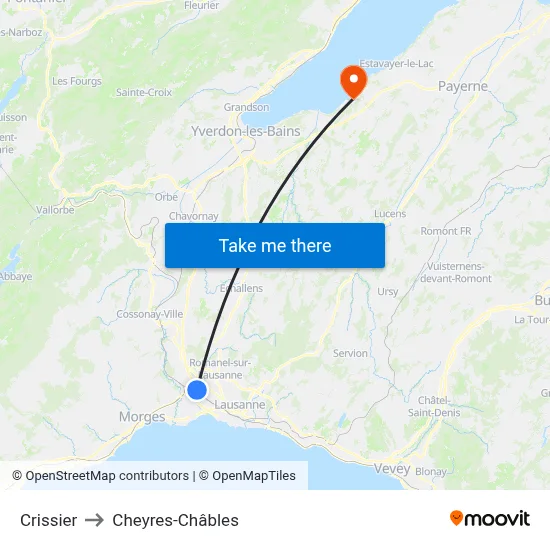 Crissier to Cheyres-Châbles map