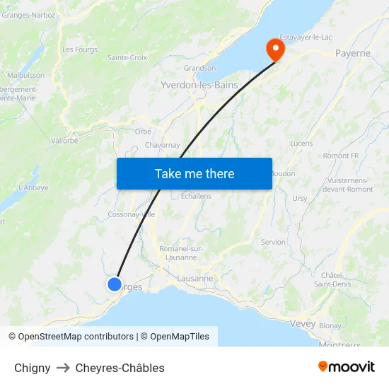 Chigny to Cheyres-Châbles map