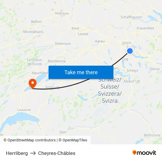Herrliberg to Cheyres-Châbles map