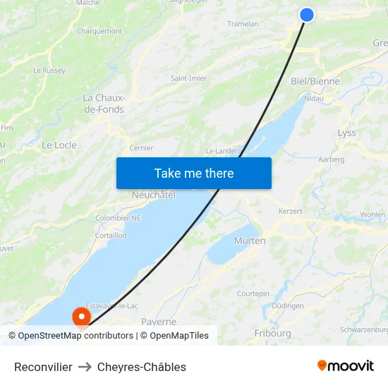 Reconvilier to Cheyres-Châbles map