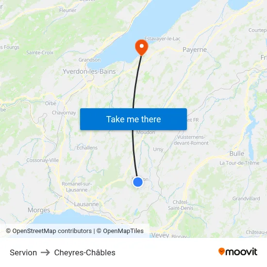 Servion to Cheyres-Châbles map