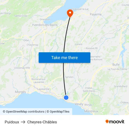 Puidoux to Cheyres-Châbles map