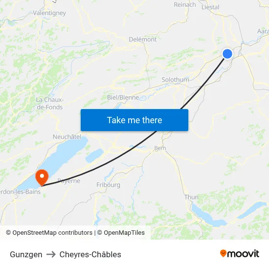 Gunzgen to Cheyres-Châbles map