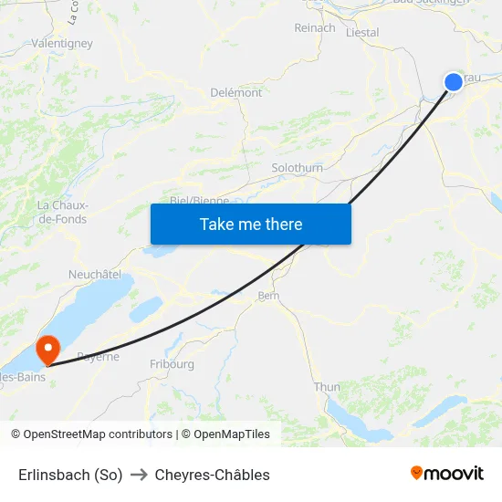 Erlinsbach (So) to Cheyres-Châbles map