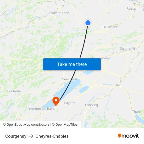 Courgenay to Cheyres-Châbles map