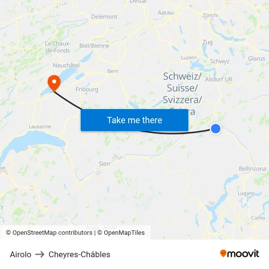 Airolo to Cheyres-Châbles map