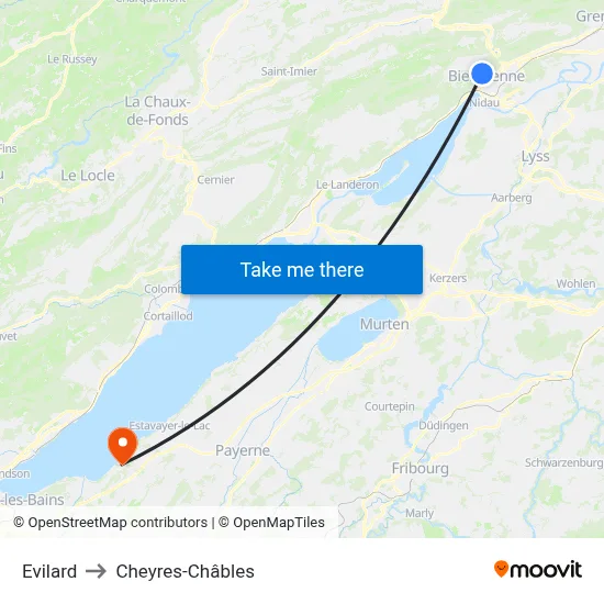 Evilard to Cheyres-Châbles map