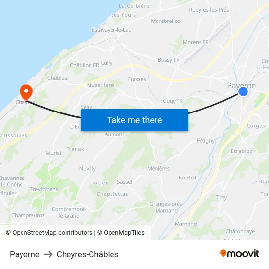 Payerne to Cheyres-Châbles map