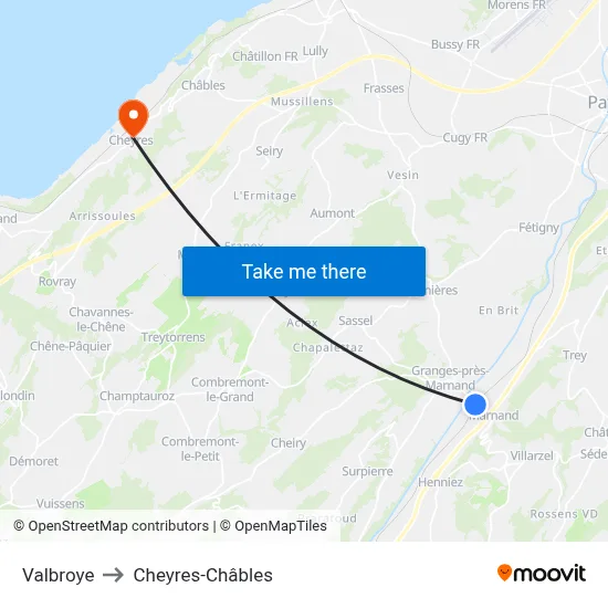 Valbroye to Cheyres-Châbles map