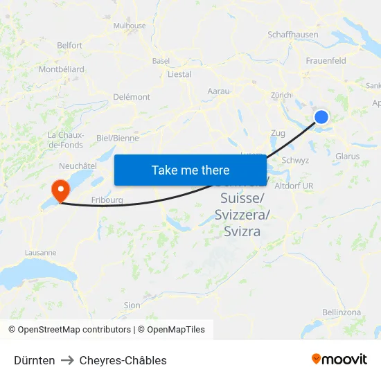 Dürnten to Cheyres-Châbles map