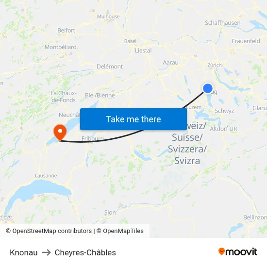 Knonau to Cheyres-Châbles map