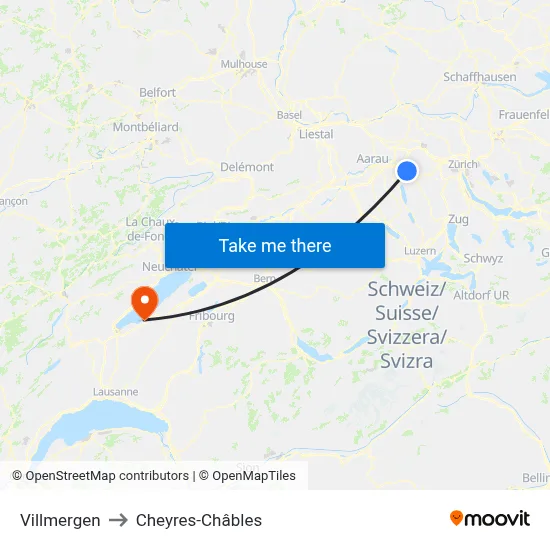 Villmergen to Cheyres-Châbles map