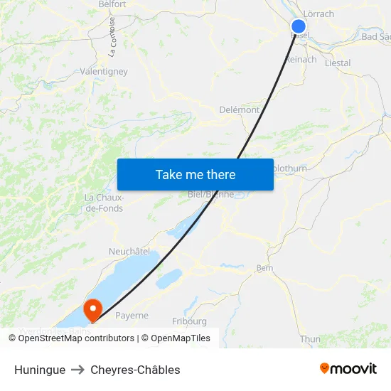 Huningue to Cheyres-Châbles map