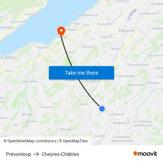 Prévonloup to Cheyres-Châbles map