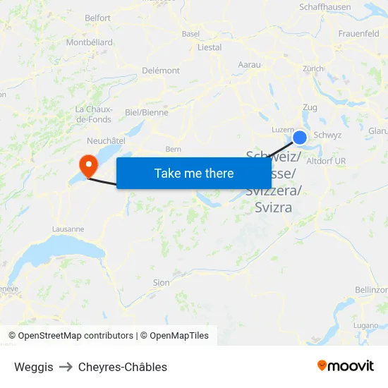 Weggis to Cheyres-Châbles map