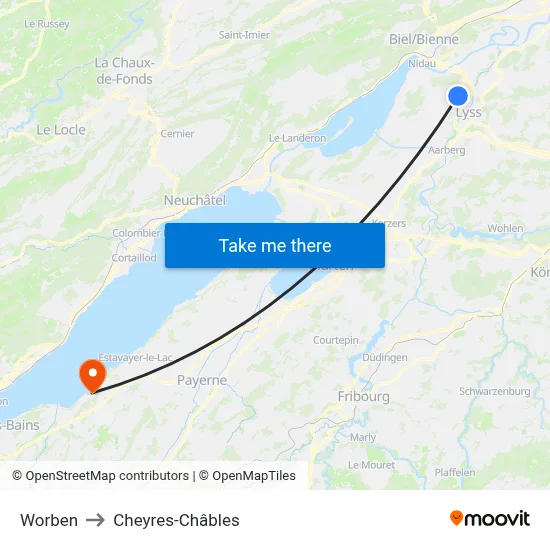 Worben to Cheyres-Châbles map