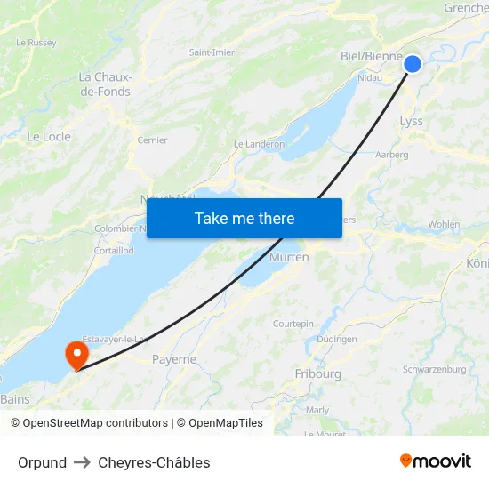 Orpund to Cheyres-Châbles map