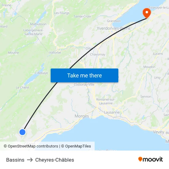 Bassins to Cheyres-Châbles map