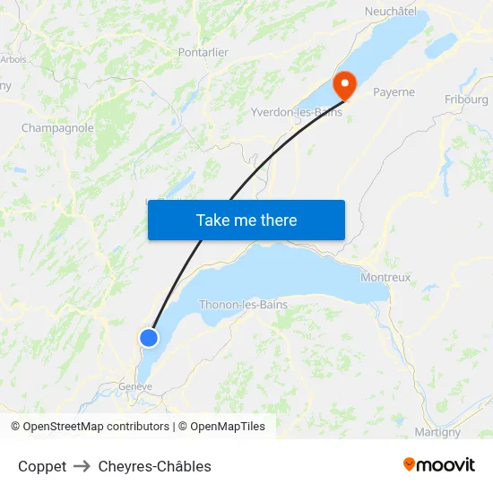 Coppet to Cheyres-Châbles map