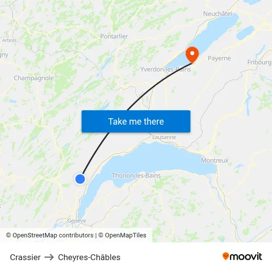 Crassier to Cheyres-Châbles map