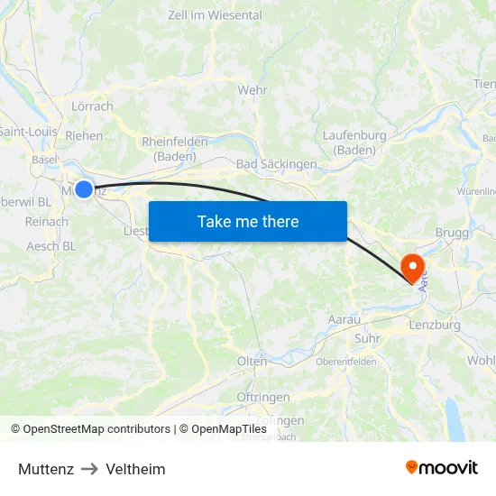 Muttenz to Veltheim map
