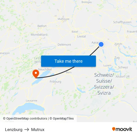 Lenzburg to Mutrux map