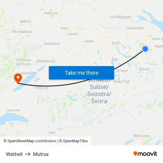 Wattwil to Mutrux map