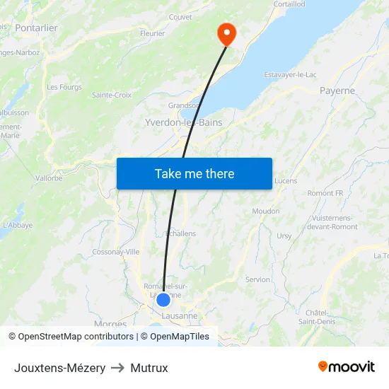 Jouxtens-Mézery to Mutrux map