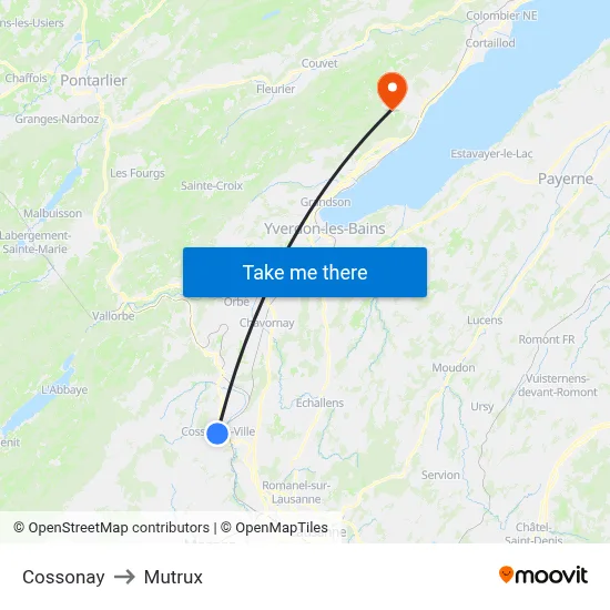 Cossonay to Mutrux map