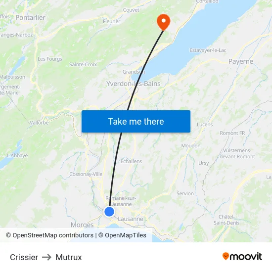 Crissier to Mutrux map