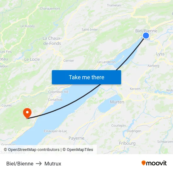 Biel/Bienne to Mutrux map